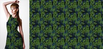 12005v Materiał ze wzorem zielone tropikalne liście na tle z niebieskich liści